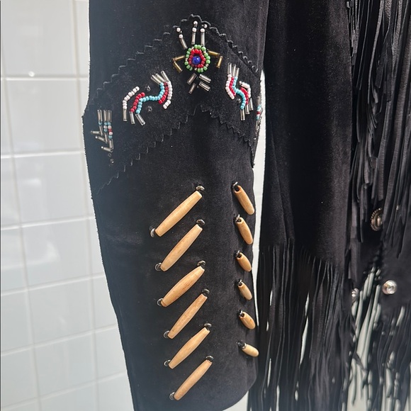 Vintage Cache Black Leather Jacket with Fringe, Bones and Beading - Picture 3 of 5